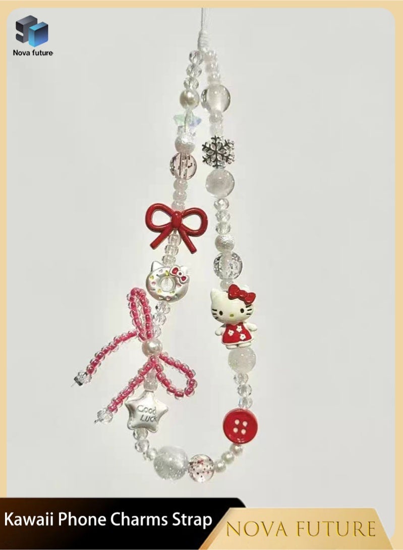 Nova future Kawaii Beaded  Phone Charms Strap Cute Bow and Kitten Phone Lanyard Wrist Strap - Image 1